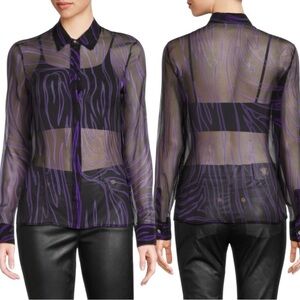 VERSACE Printed Silk Chiffon Shirt Black Orchid Purple Button Down Shirt Size 10